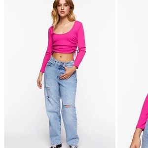 Ruched Drawstring Long-Sleeve Crop Top in Fuchsia Barbie Core Halloween